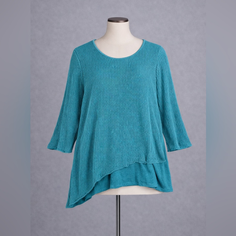 Eileen Fisher Sweater Womens 1X Teal Organic Linen Waffle Knit Asymmetrical Hem